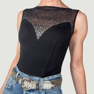 Cache vintage‎ rhinestone bodysuit sleeveless illusion sweetheart Tadashi 90s S